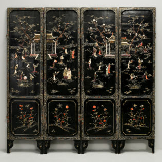 A chinoiserie soapstone & lacquer four fold screen