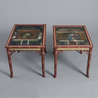 Pair of chinoiserie leather panel topped painted end tables