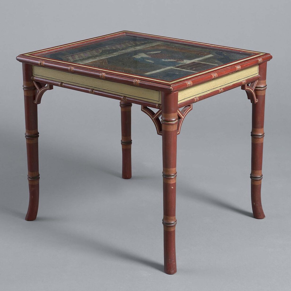 Pair of chinoiserie leather panel topped painted end tables