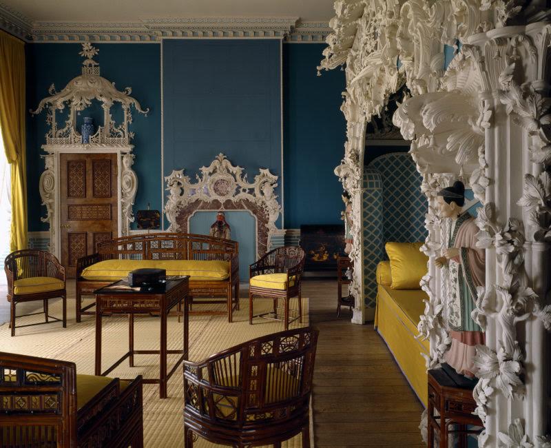 The chinese room at claydon house with its elaborately carved doorcase and pagoda.