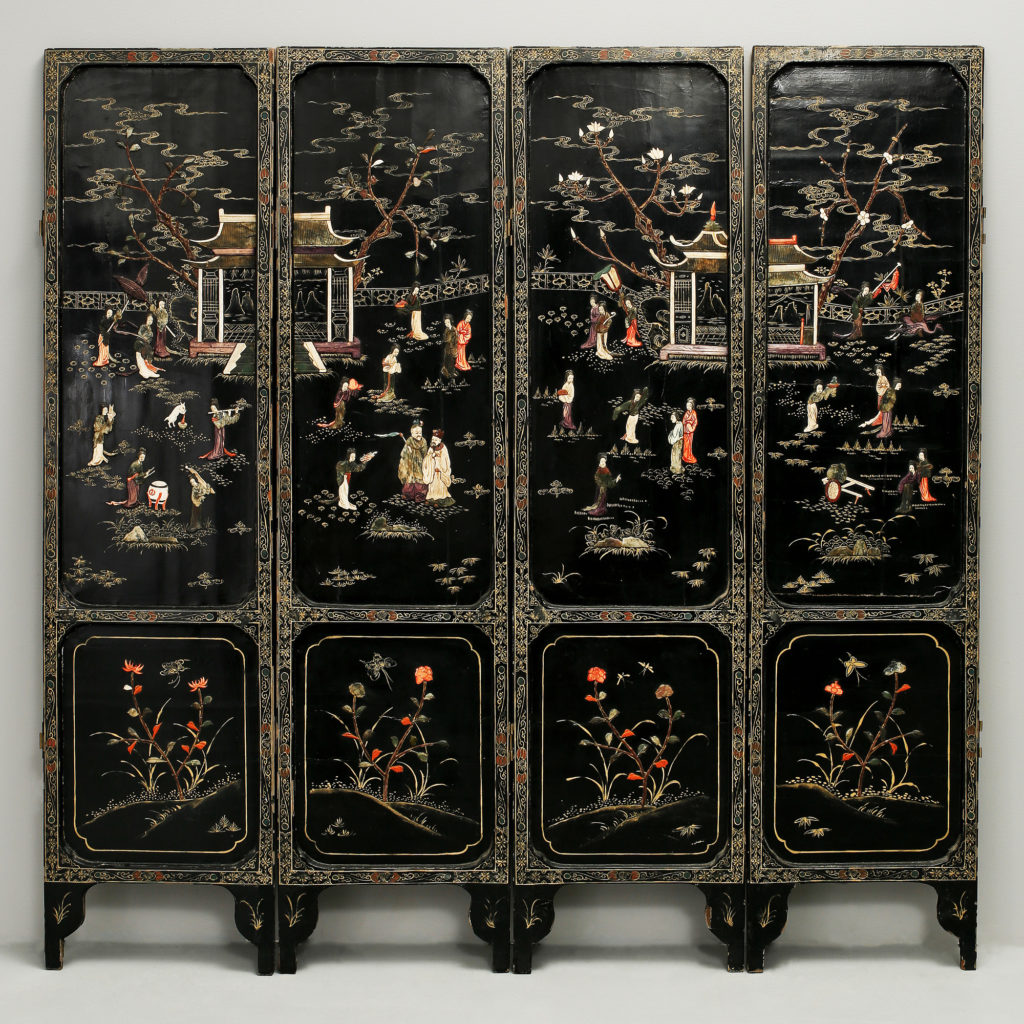 A chinoiserie soapstone & lacquer four fold screen