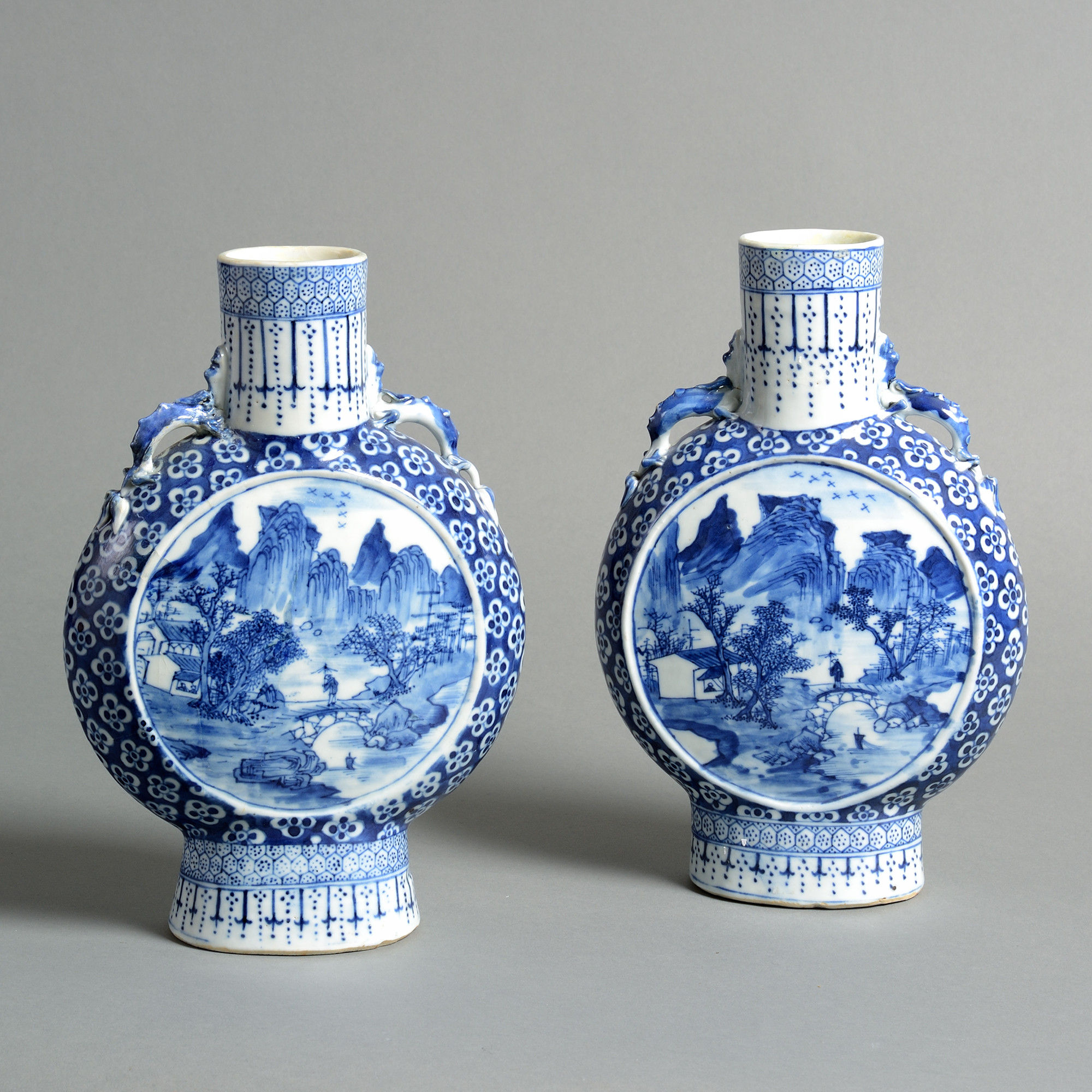 A Pair of 19th Century Blue & White Porcelain Moon Flasks