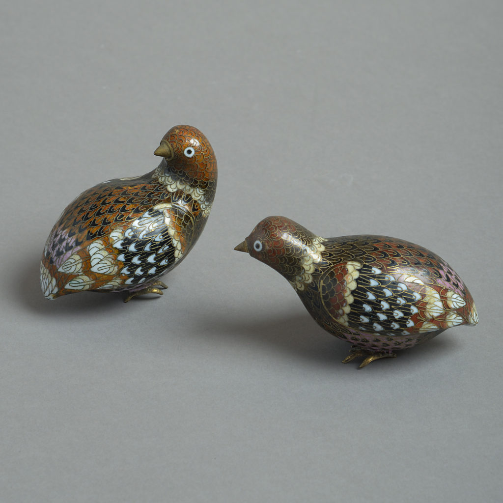 Republic period pair of cloisonné quail