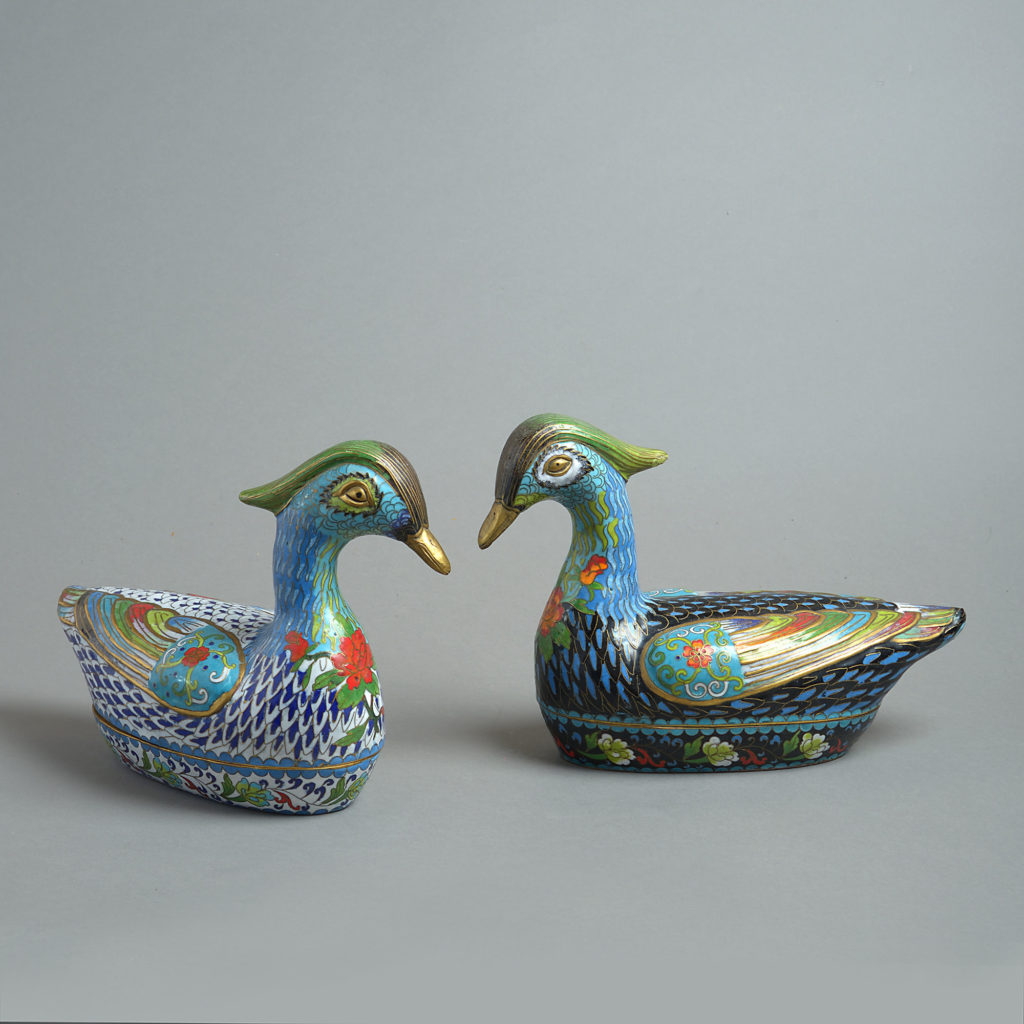 Late 19th Century Pair of Large Scale Cloisonné Duck Boxes