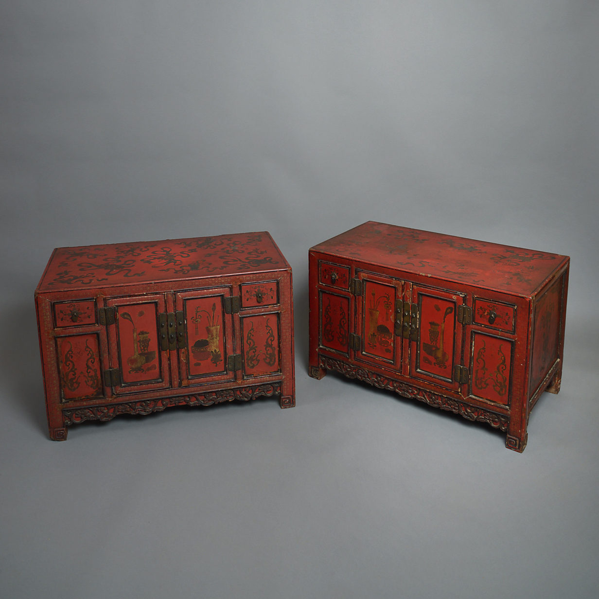 19th century pair of red lacquer low cabinets