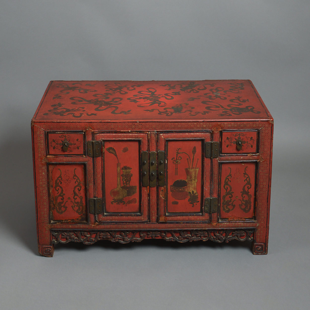 19th century pair of red lacquer low cabinets