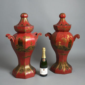 19th century pair of large tole vases & covers