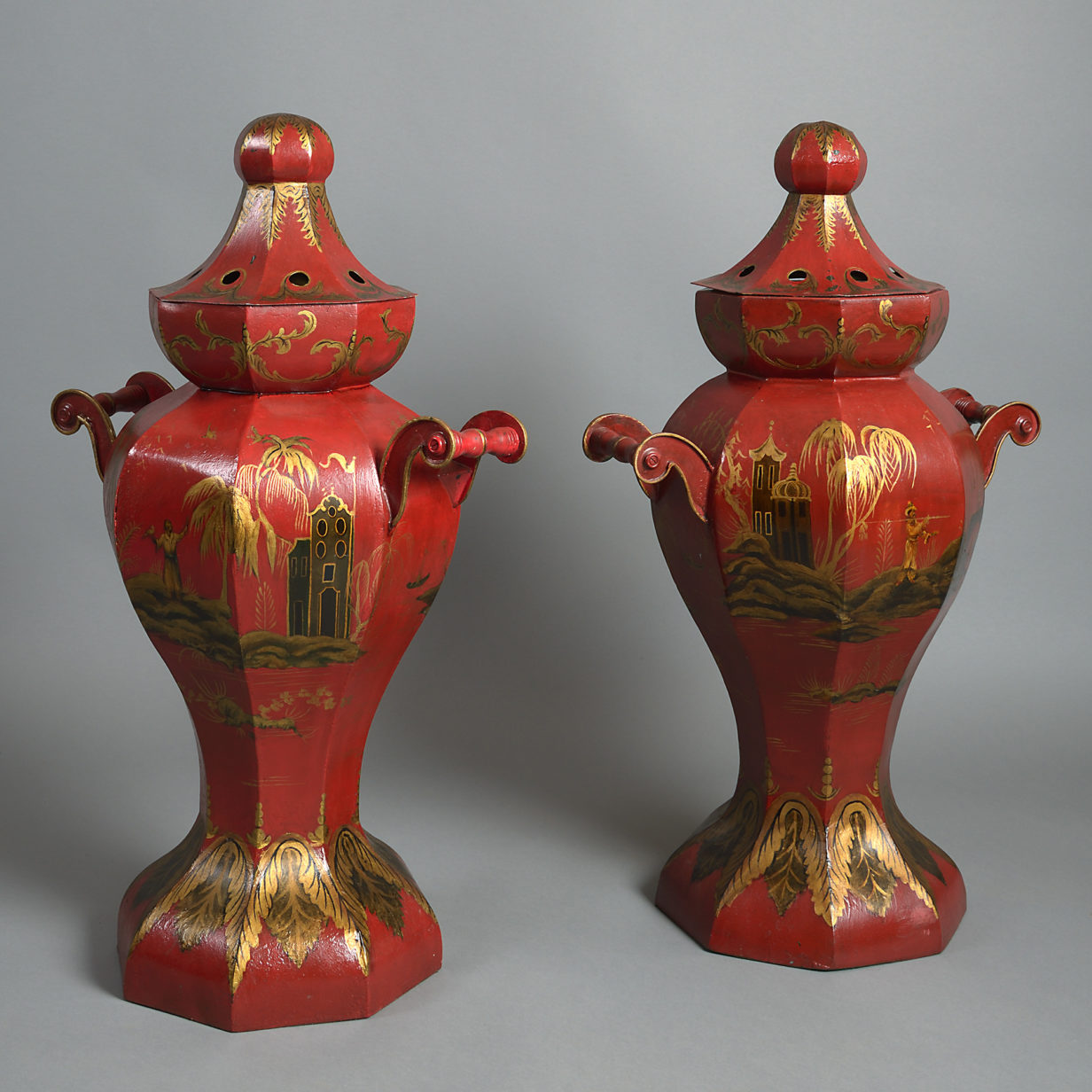 19th century pair of large tole vases & covers