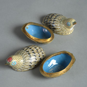 Late 19th century pair of cloisonne quail boxes