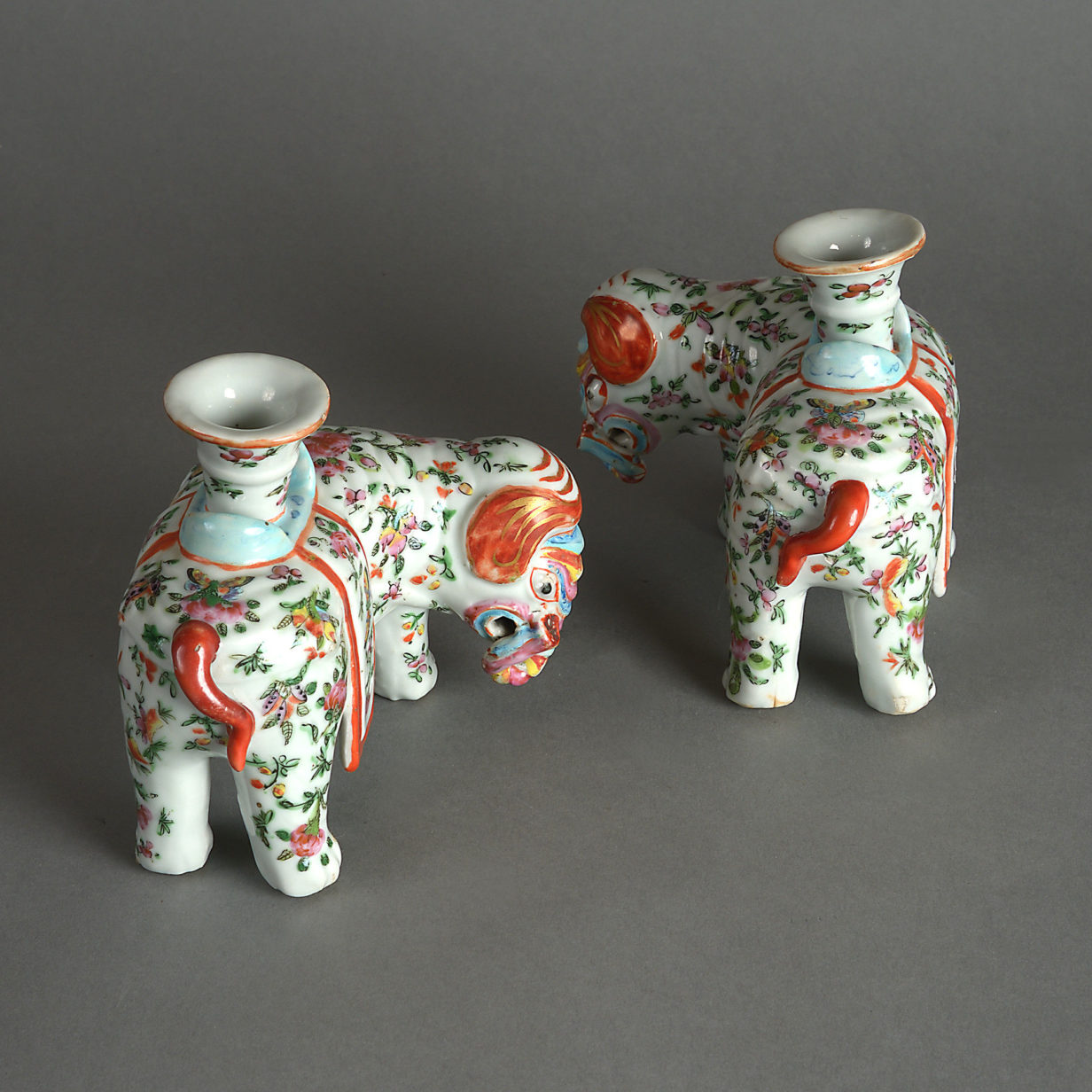 19th century pair of famille rose porcelain elephants
