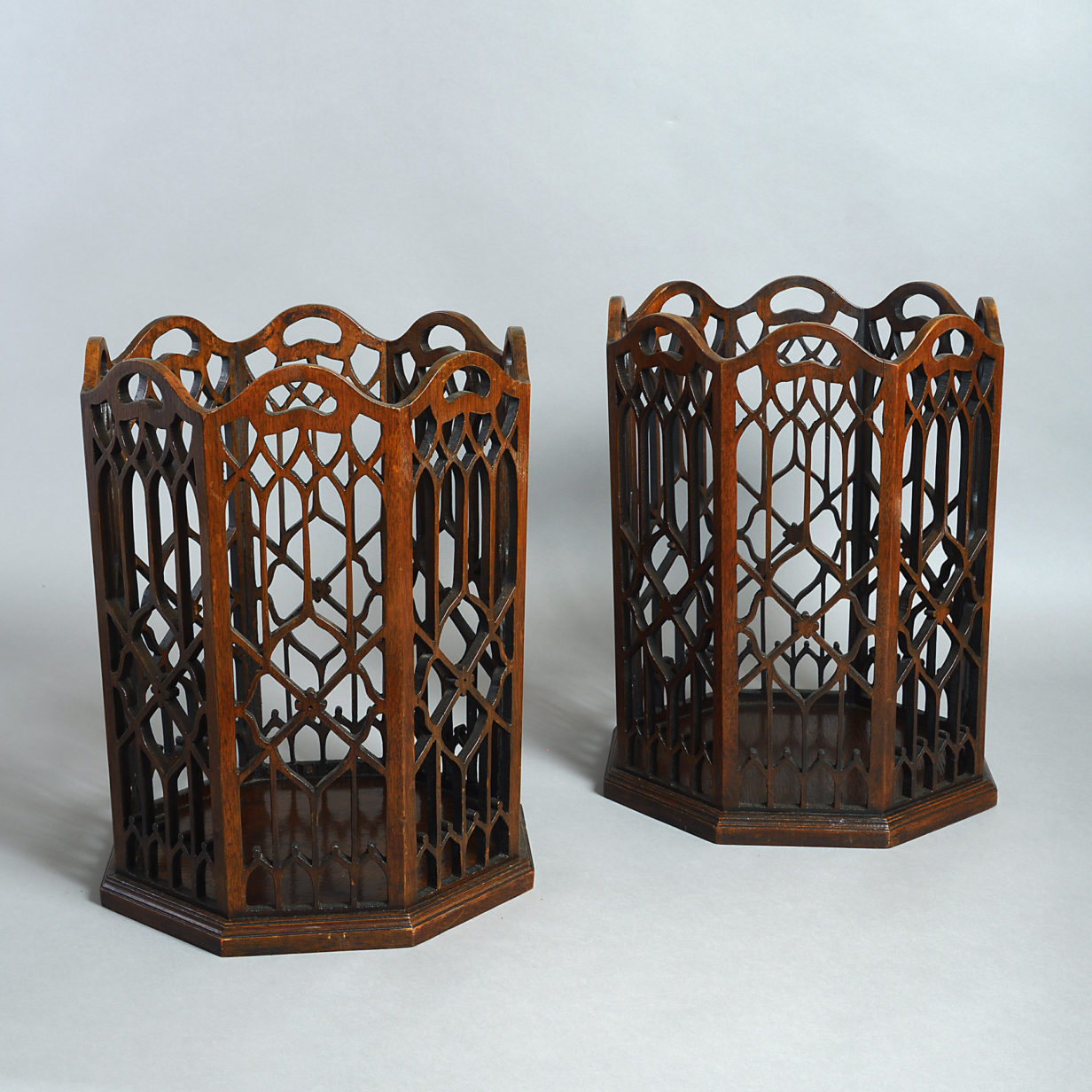 19th century pair of gothick tracery mahogany fire buckets
