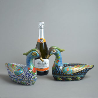 Late 19th century pair of large scale cloisonné duck boxes