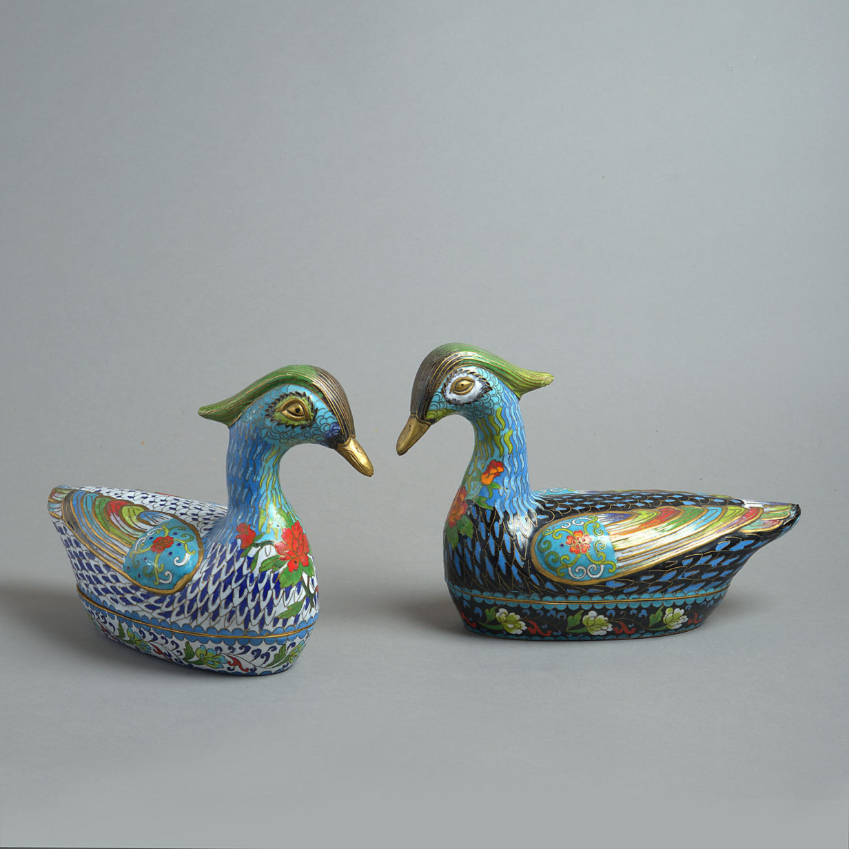 Late 19th century pair of large scale cloisonné duck boxes