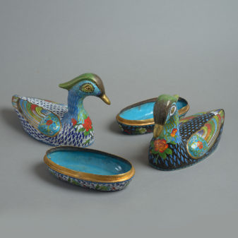 Late 19th century pair of large scale cloisonné duck boxes