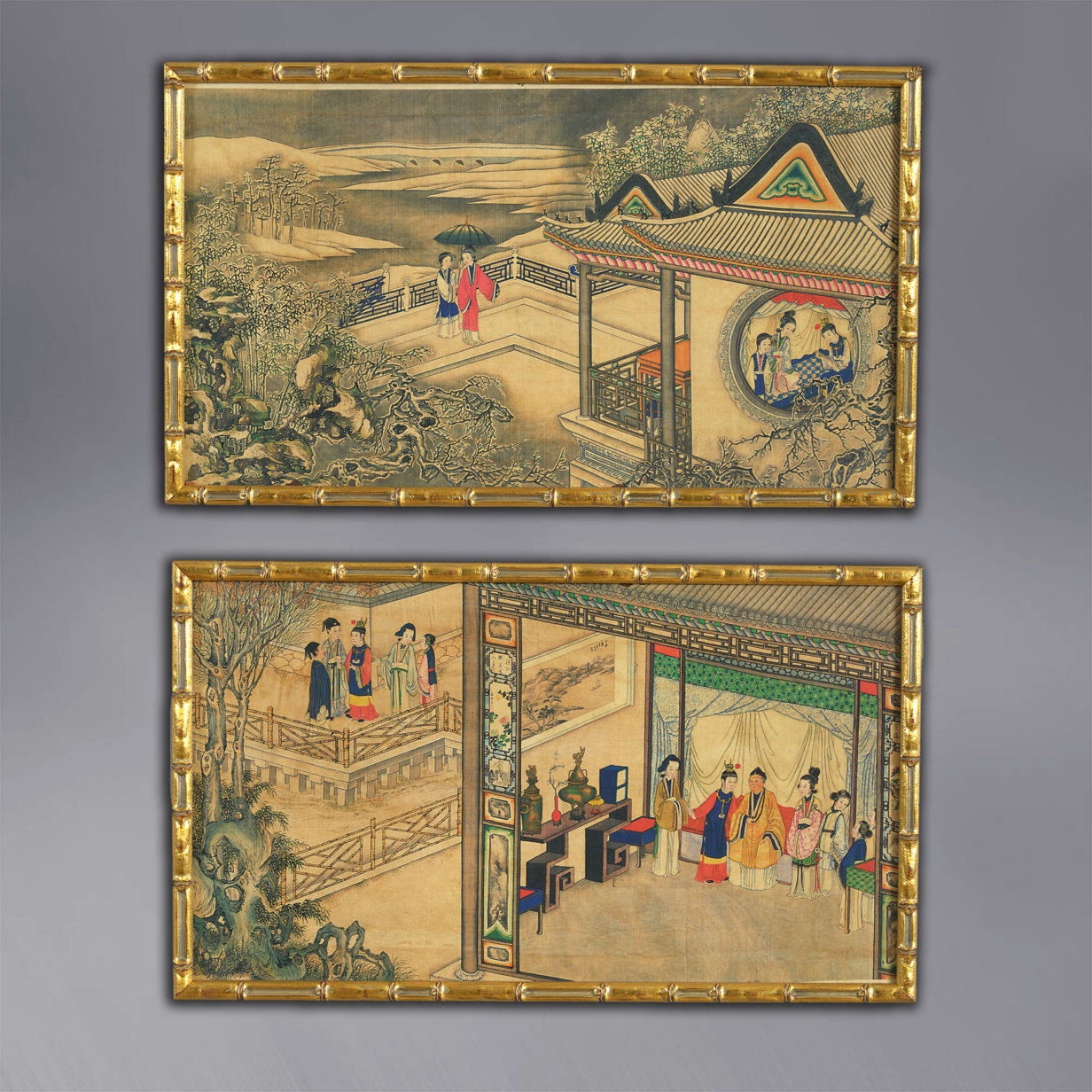 19th century pair of ink and colour landscapes depicting scenes of court life
