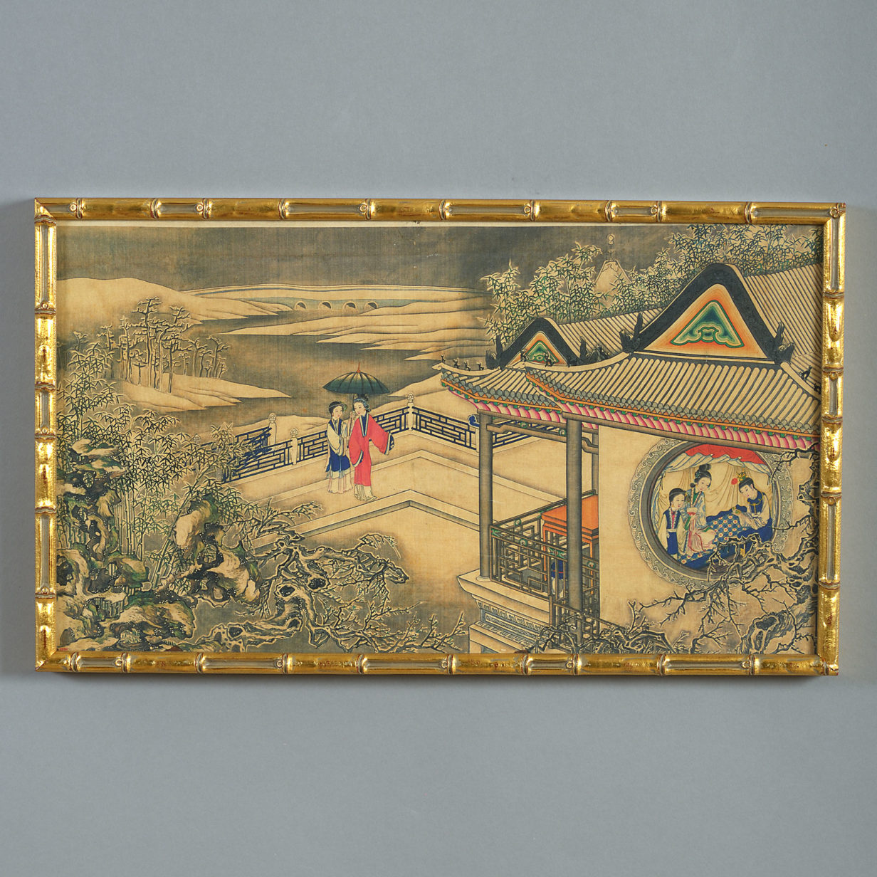 19th century pair of ink and colour landscapes depicting scenes of court life