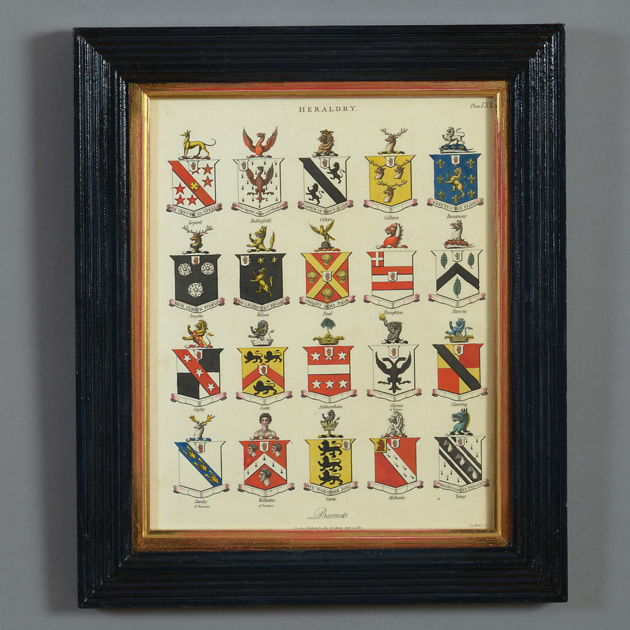 Set of six 19th century hand coloured heraldic engravings depicting the arms of esquires and gentlemen of england