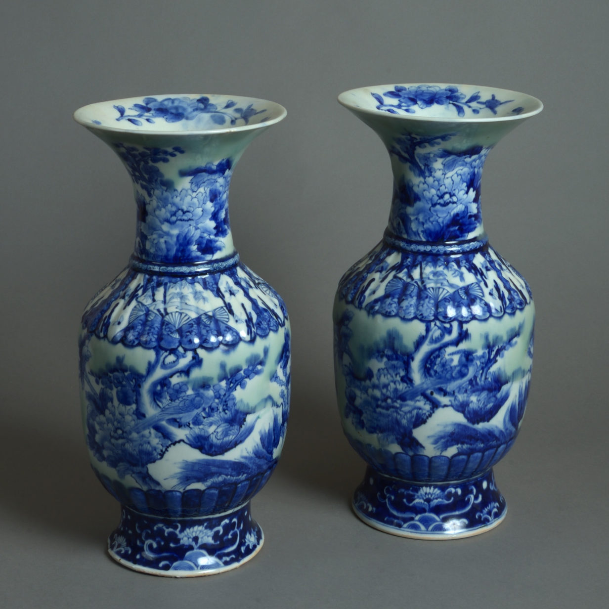 19th century pair of celadon, blue & white glazed vases