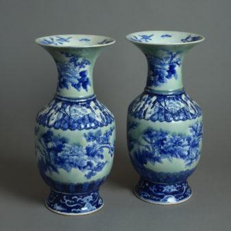 19th century pair of celadon, blue & white glazed vases