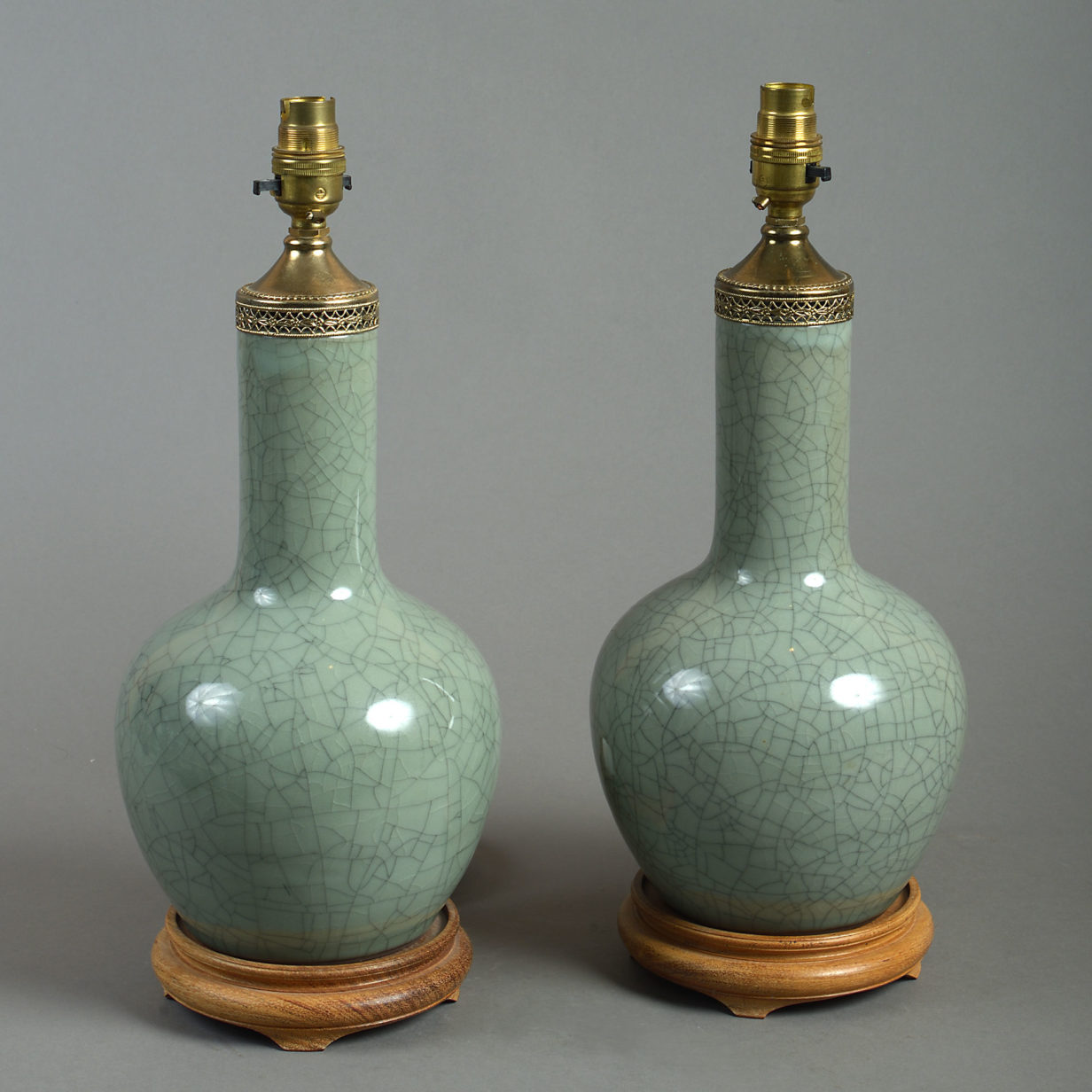 20th century pair of crackle glaze celadon vase lamps