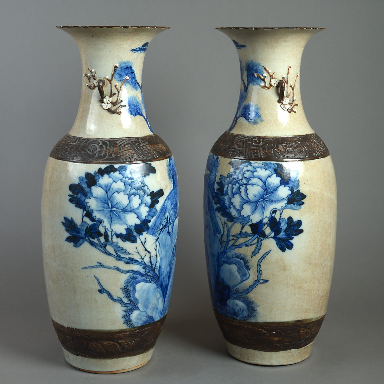19th century large scale pair of blue & white and crackle glaze vases