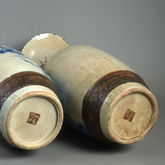 19th century large scale pair of blue & white and crackle glaze vases