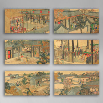 Twenty-four 19th century ink and colour landscapes depicting scenes of court life