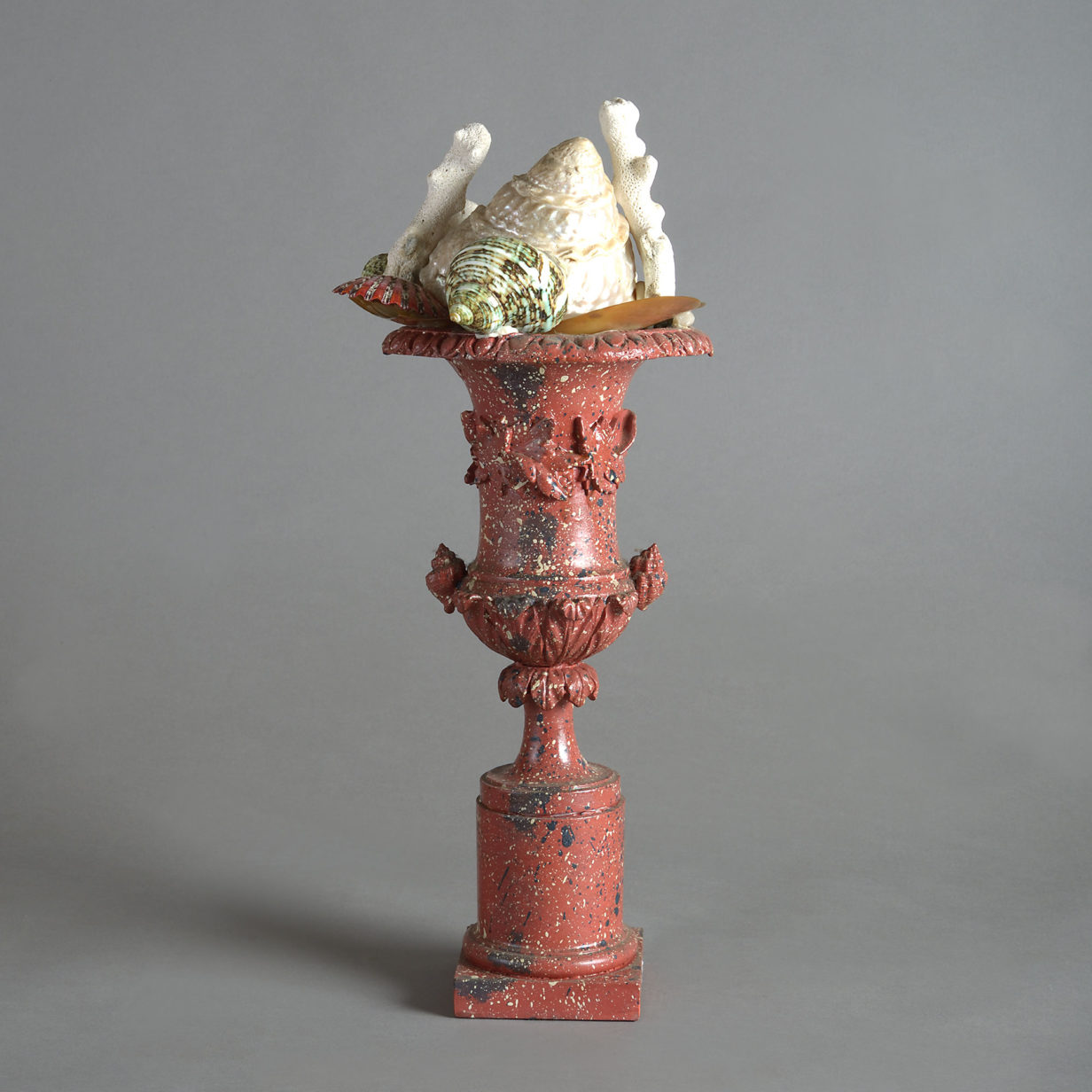 20th century faux porphyry vase & shell sculpture