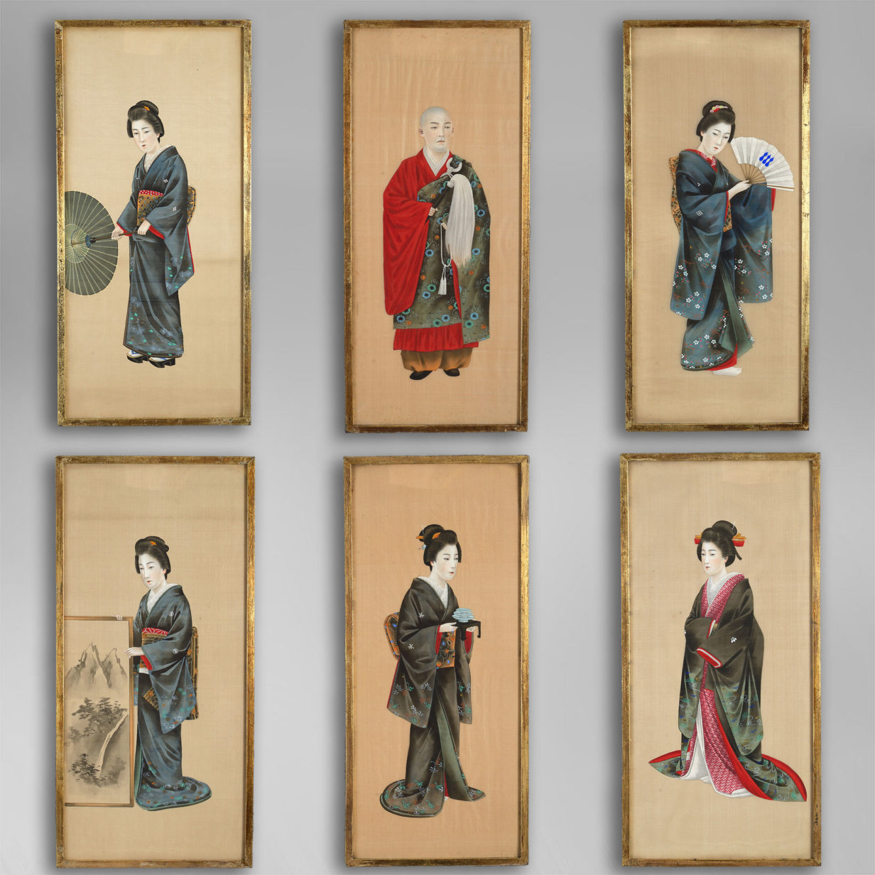 Six 19th century meiji period gouache portraits on silk