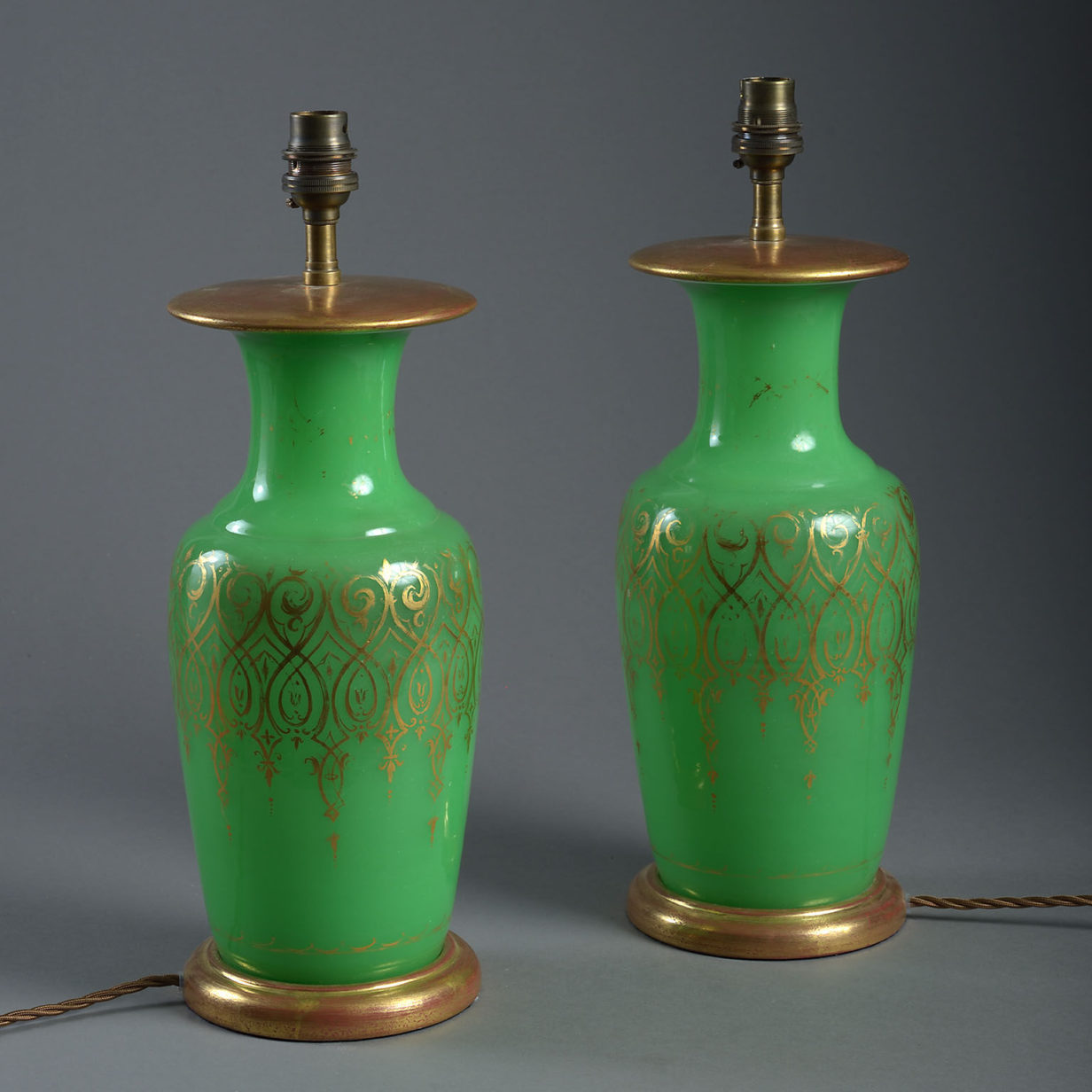 Pair of 19th century green opaline glass vase lamps