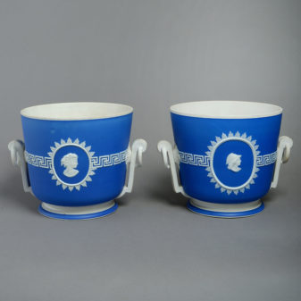 A late 18th century pair of jasperware cache pots