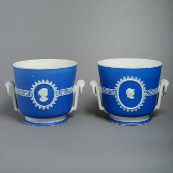 A late 18th century pair of jasperware cache pots