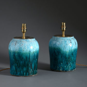 A pair of turquoise crackle glaze pottery vases as lamps