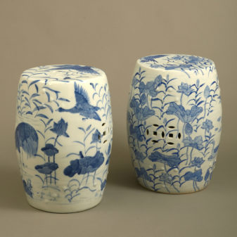 A Close Pair of Mid-20th Century Blue & White Porcelain Garden Seats