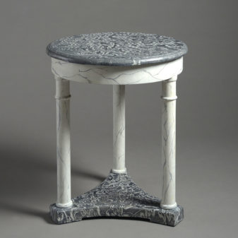 A pair of faux marble circular end tables