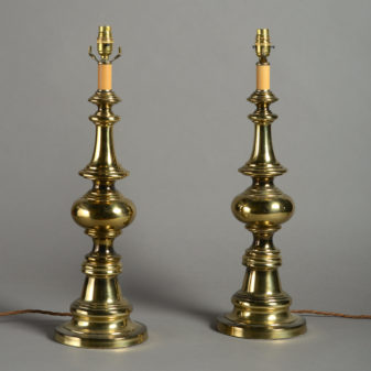 A large pair of mid 20th century brass table lamps