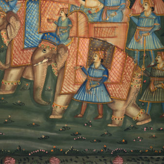 A large mid 20th century painted textile depicting an elephant procession