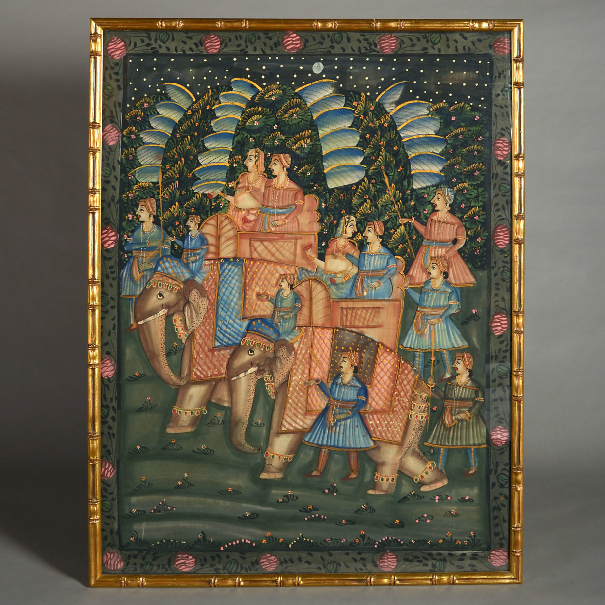 A large mid 20th century painted textile depicting an elephant procession