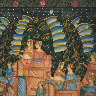 A large mid 20th century painted textile depicting an elephant procession