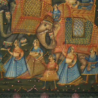 A large mid 20th century painted textile depicting an elephant procession