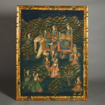 A Large Mid 20th Century painted Textile Depicting An Elephant Procession