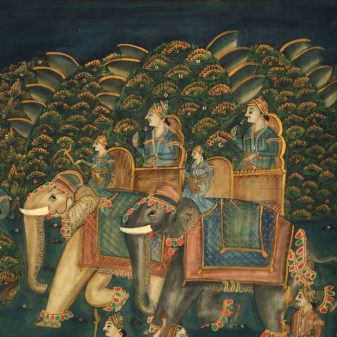 A large mid 20th century painted textile depicting an elephant procession