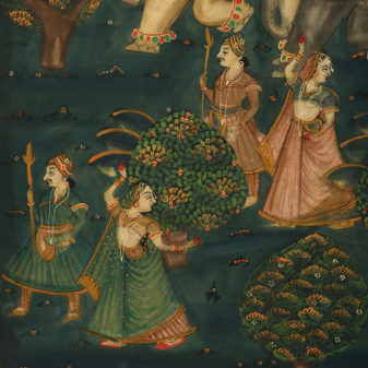 A large mid 20th century painted textile depicting an elephant procession
