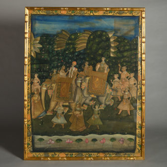 A Large Mid 20th Century painted Textile Depicting An Elephant Procession