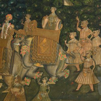 A large mid 20th century painted textile depicting an elephant procession