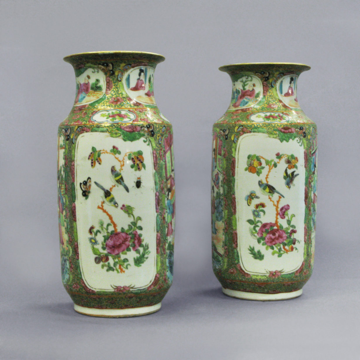 A Pair of Qing Dynasty Canton Vases as Lamp Bases