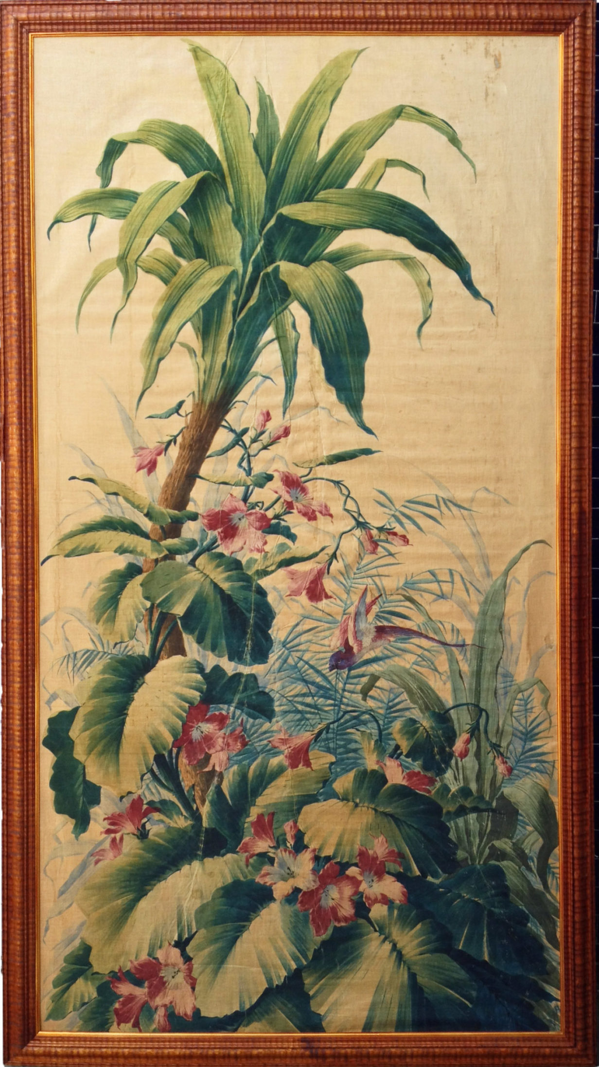 A large colonial painted silk and linen panel