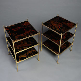 A pair of 20th century 'mallett style' three tier lacquer tables or etagères