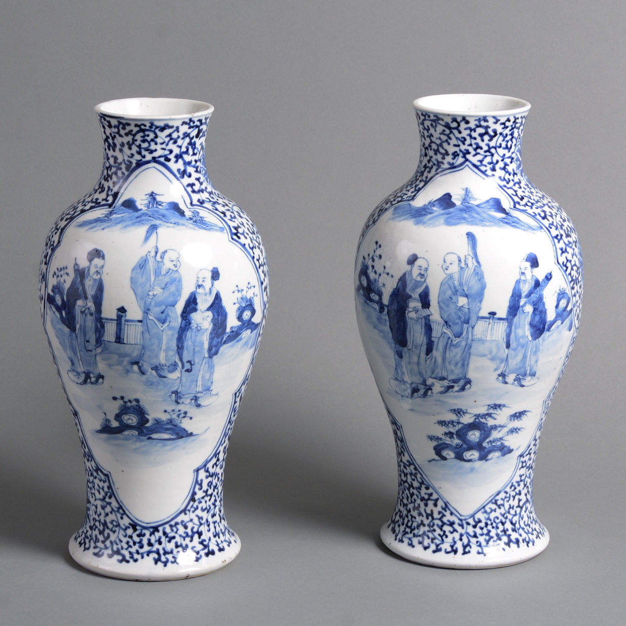A Pair of 19th Century Qing Period Blue and White Porcelain Vases