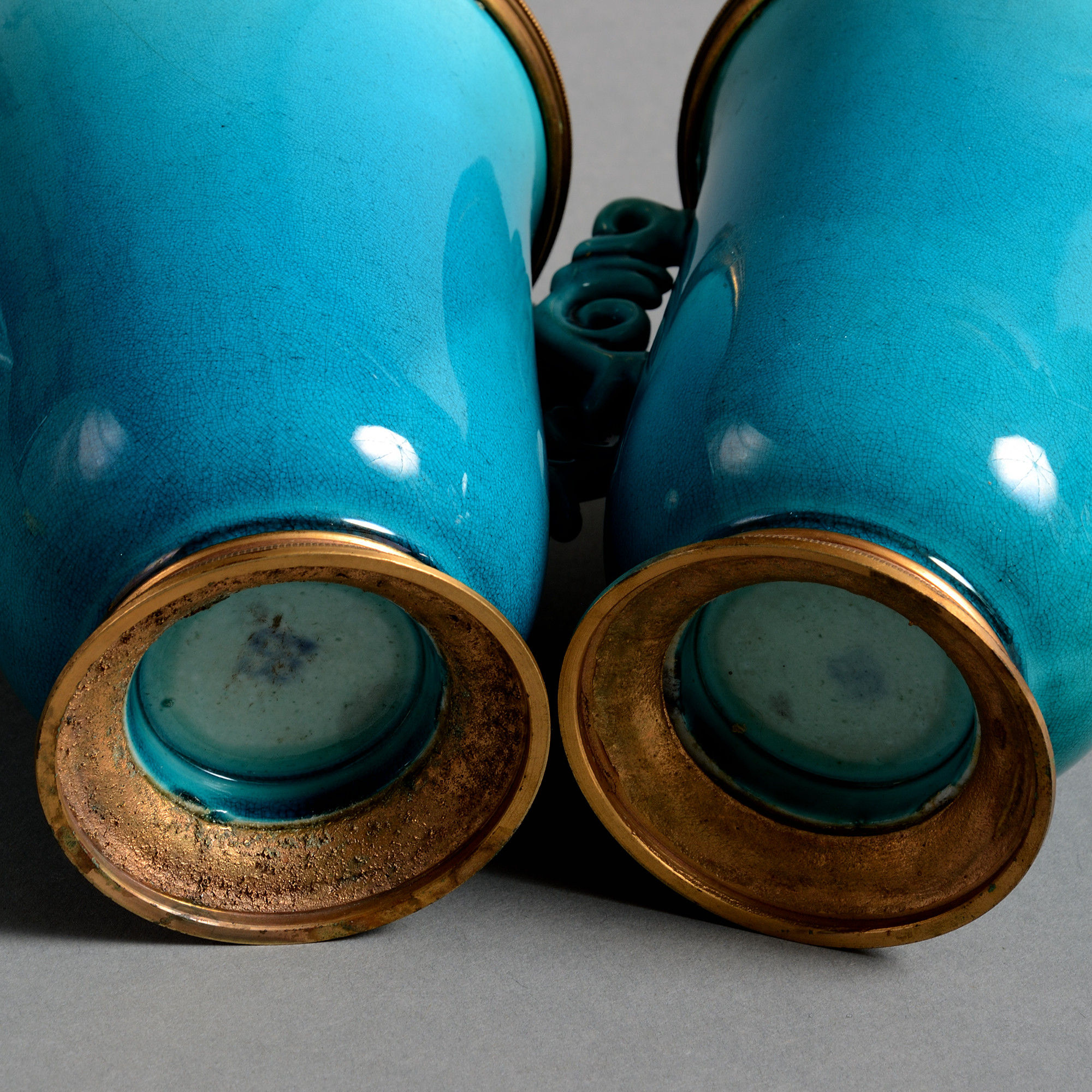 939379. Jpg A pair of 19th century ormolu mounted turquoise porcelain vases by samson
